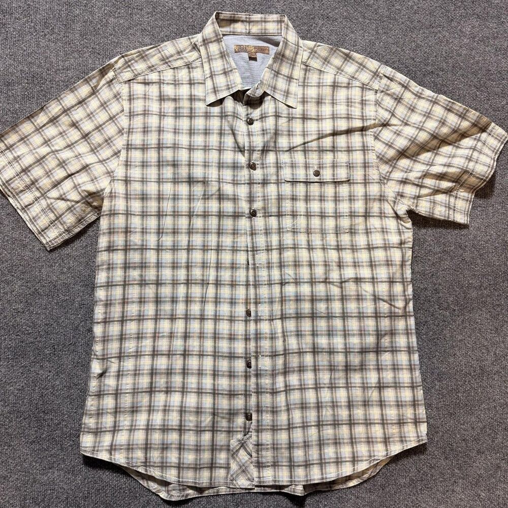 Blue Shirt Mens XL Beige Plaid Short Sleeve Button Up Pocket Casual Summer
